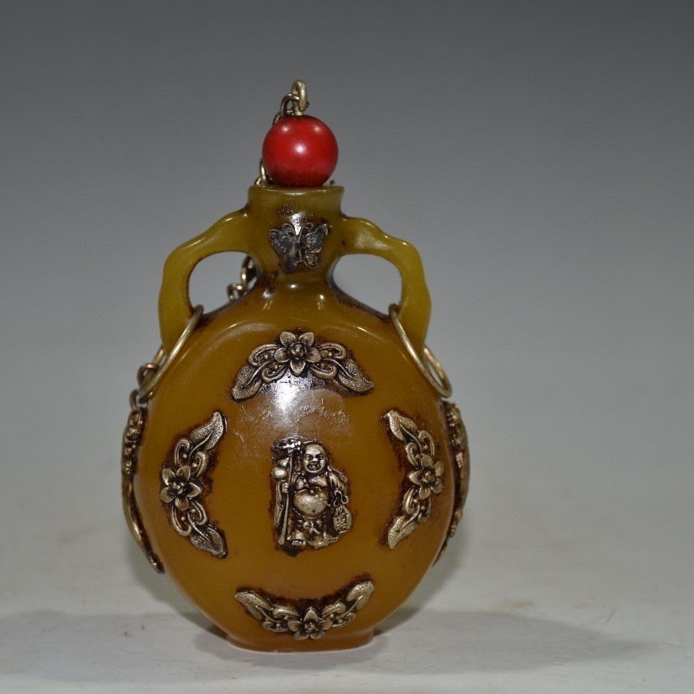 Vintage Collectible Bottles - Vintage Koleksiyonluk Oymalı Kehribar Enfiye Şişesi
